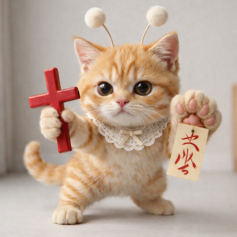 폼폼 안테나를 단 스텔라가 빨간 십자가와 부적을 들고 HID 악마를 퇴치하려는 대련 자세