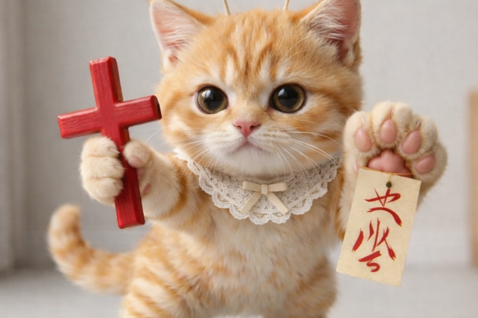 폼폼 안테나를 단 스텔라가 빨간 십자가와 부적을 들고 HID 악마를 퇴치하려는 대련 자세