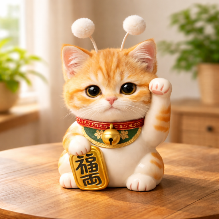 폼폼 안테나를 단 치즈색 스텔라 고양이 마네키네코 도자기 인형이 우드 식탁 위에서 손을 흔드는 모습