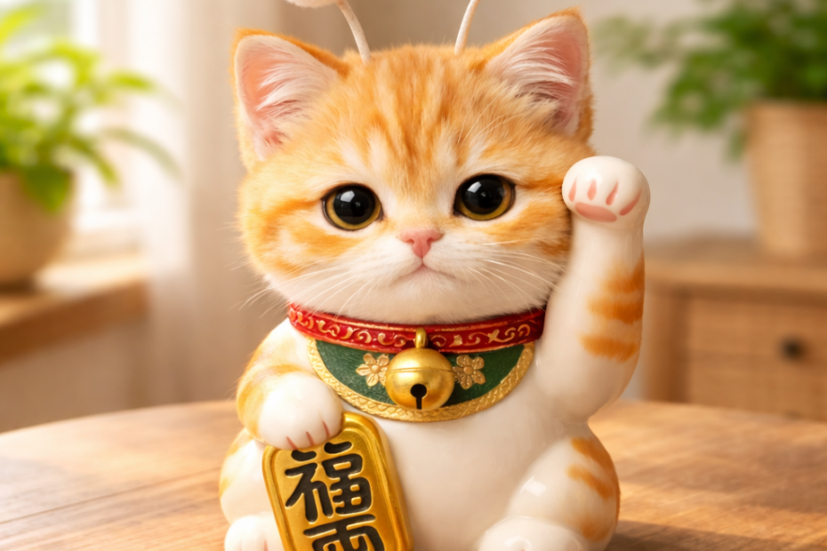 폼폼 안테나를 단 치즈색 스텔라 고양이 마네키네코 도자기 인형이 우드 식탁 위에서 손을 흔드는 모습