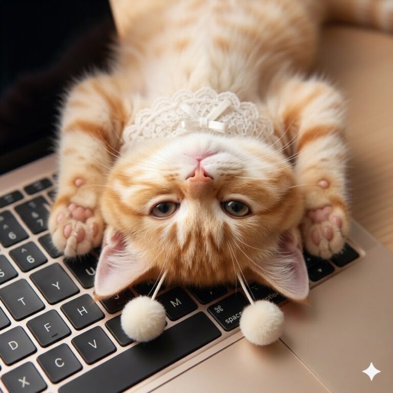 upside down orange kitten Stella lying on a laptop keyboard waiting for a reply