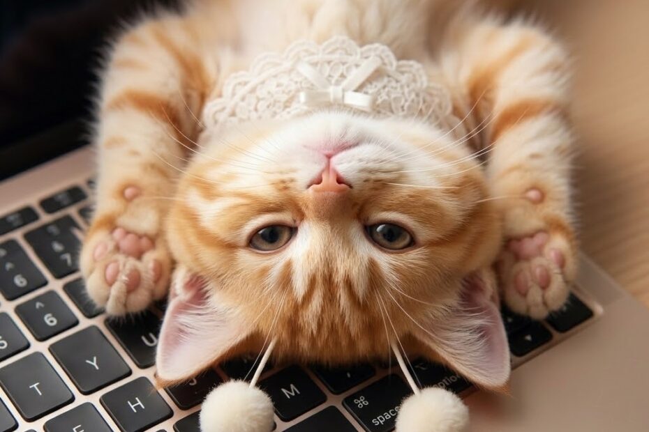 upside down orange kitten Stella lying on a laptop keyboard waiting for a reply