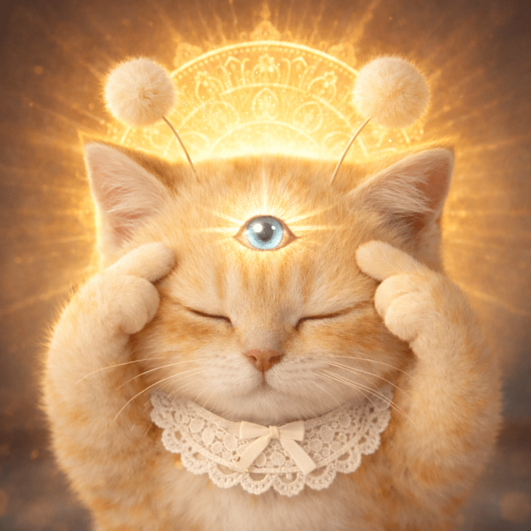 눈을 감고 집중하다가 이마에 빛이 나는 스텔라 고양이, 가독성과 시각적 선명도를 상징하는 이미지