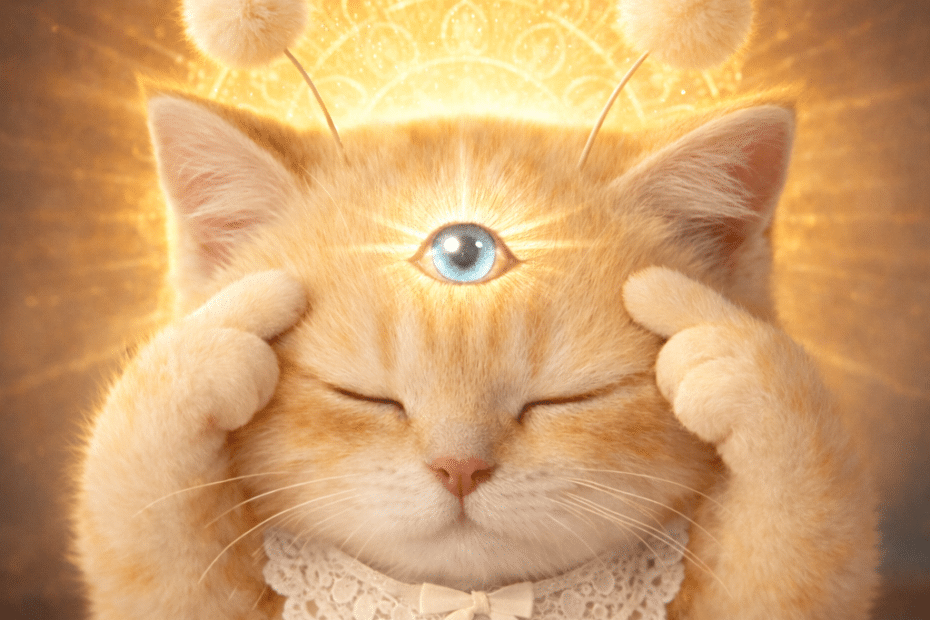 눈을 감고 집중하다가 이마에 빛이 나는 스텔라 고양이, 가독성과 시각적 선명도를 상징하는 이미지