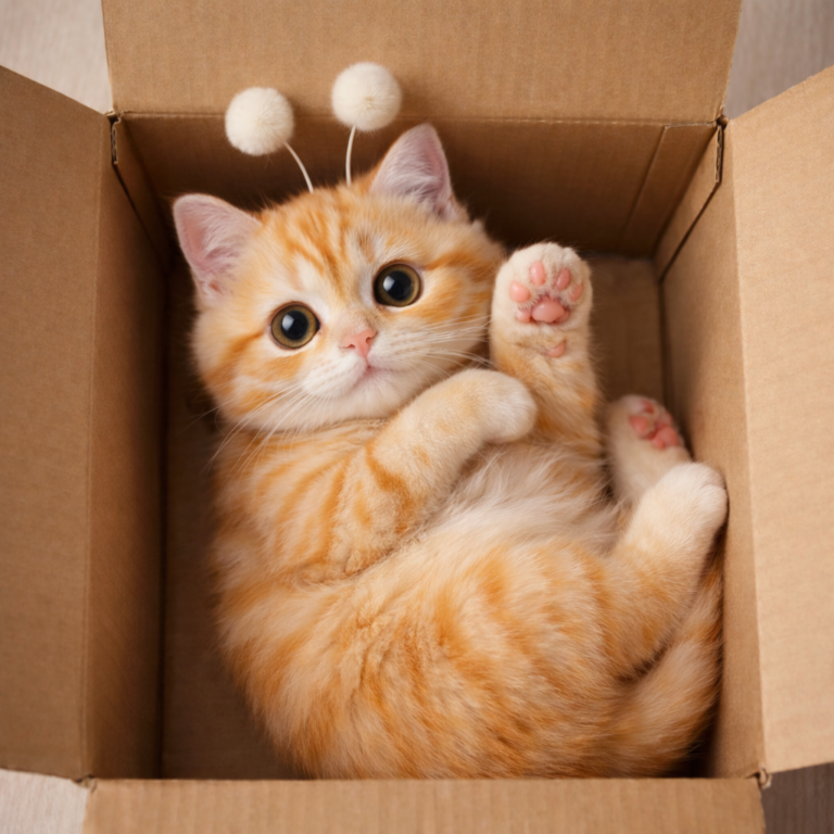 박스 안에 들어가 놀란 표정을 짓고 있는 치즈색 고양이 캐릭터 스텔라