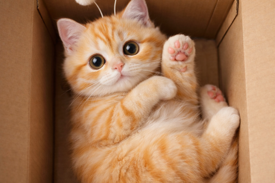 박스 안에 들어가 놀란 표정을 짓고 있는 치즈색 고양이 캐릭터 스텔라