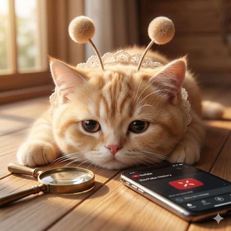 유튜브 기록 검색 오류 화면을 바라보며 돋보기를 옆에 두고 지쳐 엎드려 있는 폼폼 안테나 고양이 스텔라