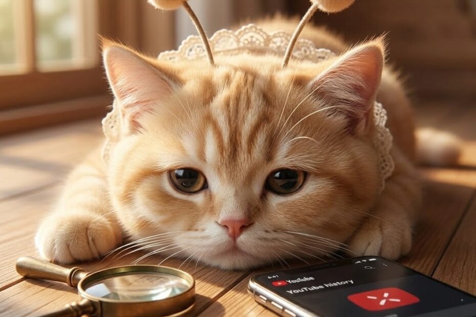 유튜브 기록 검색 오류 화면을 바라보며 돋보기를 옆에 두고 지쳐 엎드려 있는 폼폼 안테나 고양이 스텔라