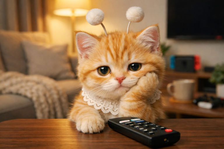폼폼 안테나를 한 치즈색 아기 고양이가 턱을 괴고 리모컨 앞에서 한심한 표정으로 TV를 보는 모습