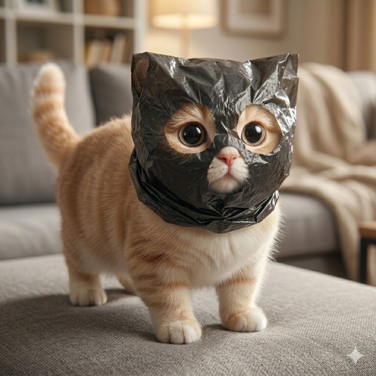 아이폰 유튜브 스마트 오프라인 저장으로 용량이 부족한 상황을 표현한 검은 비닐 가면 고양이