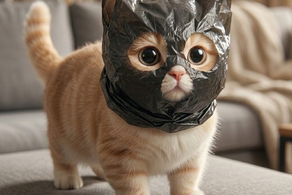 아이폰 유튜브 스마트 오프라인 저장으로 용량이 부족한 상황을 표현한 검은 비닐 가면 고양이