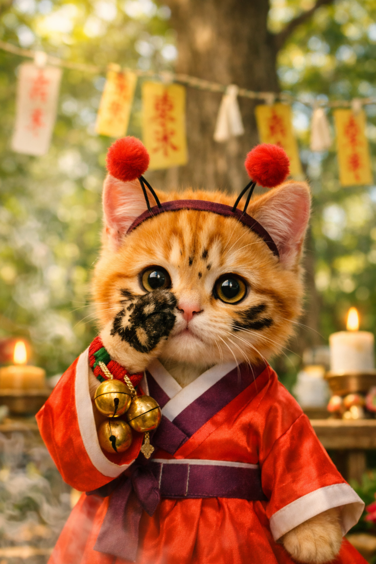 한복저고리를 입고 얼굴에 먹칠을 한 스텔라 고양이가 굿판 같은 신비로운 배경 앞에서 AI 무당 대결 콘셉트로 서 있는 썸네일