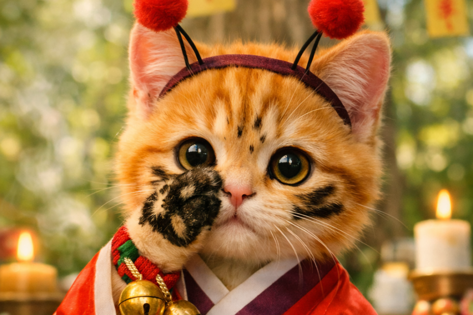 한복저고리를 입고 얼굴에 먹칠을 한 스텔라 고양이가 굿판 같은 신비로운 배경 앞에서 AI 무당 대결 콘셉트로 서 있는 썸네일