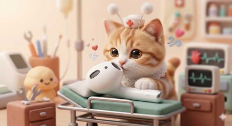 에어팟 한쪽 안 들림 문제를 표현한 썸네일, 간호사 고양이가 에어팟에 인공호흡하는 장면