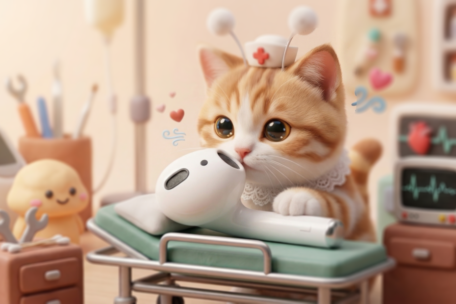 에어팟 한쪽 안 들림 문제를 표현한 썸네일, 간호사 고양이가 에어팟에 인공호흡하는 장면