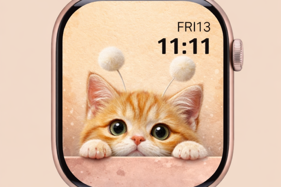 애플워치 화면 속 빼꼼 고개를 내민 스텔라 고양이와 폼폼 안테나가 보이는 썸네일 이미지