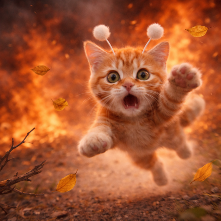 불길 속에서 다급하게 뛰어오는 스텔라 고양이로 다이소 맥세이프 충전 발열을 표현한 썸네일 이미지