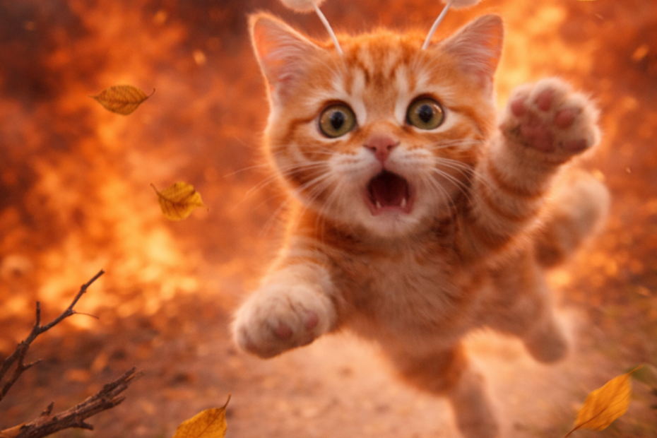 불길 속에서 다급하게 뛰어오는 스텔라 고양이로 다이소 맥세이프 충전 발열을 표현한 썸네일 이미지