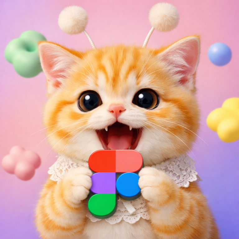 피그마 로고를 두 앞발로 들고 입을 와앙 벌린 스텔라 고양이 3D 일러스트