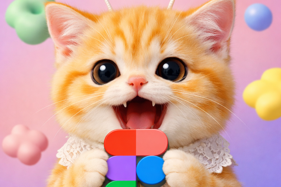 피그마 로고를 두 앞발로 들고 입을 와앙 벌린 스텔라 고양이 3D 일러스트