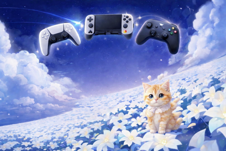 원신 느낌의 푸른 밤하늘과 꽃밭 배경 속에서 스텔라 고양이가 앉아 있고, 위쪽에 게임패드 3개가 떠 있는 썸네일