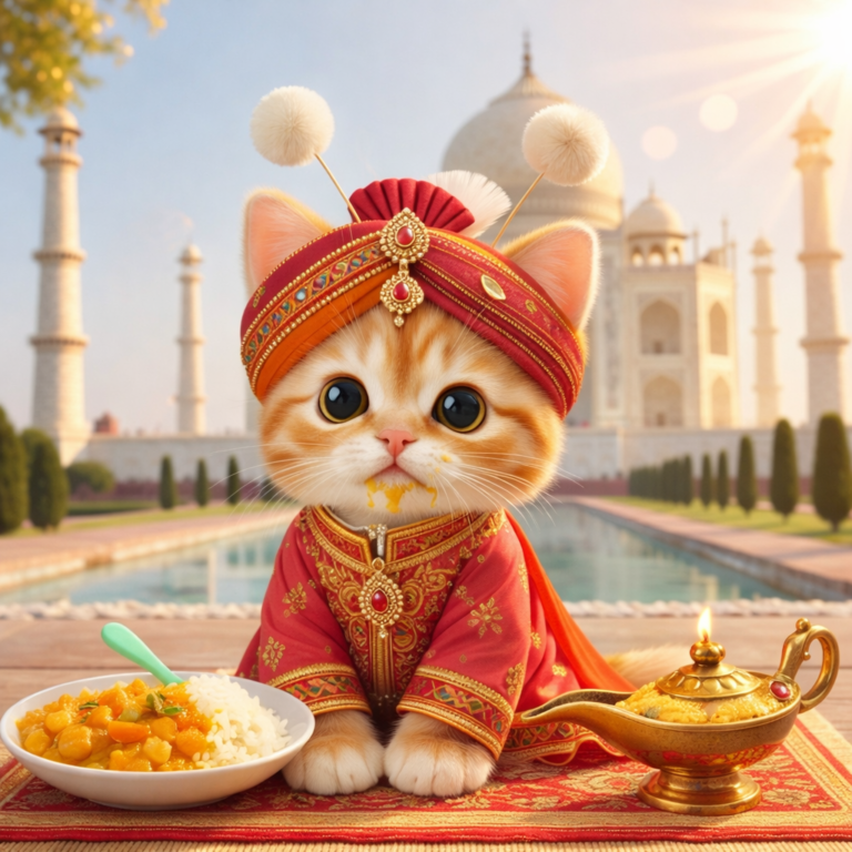 타지마할 배경에서 인도 전통 의상을 입은 귀여운 고양이와 흰 접시에 담긴 카레와 민트색 실리콘 수저