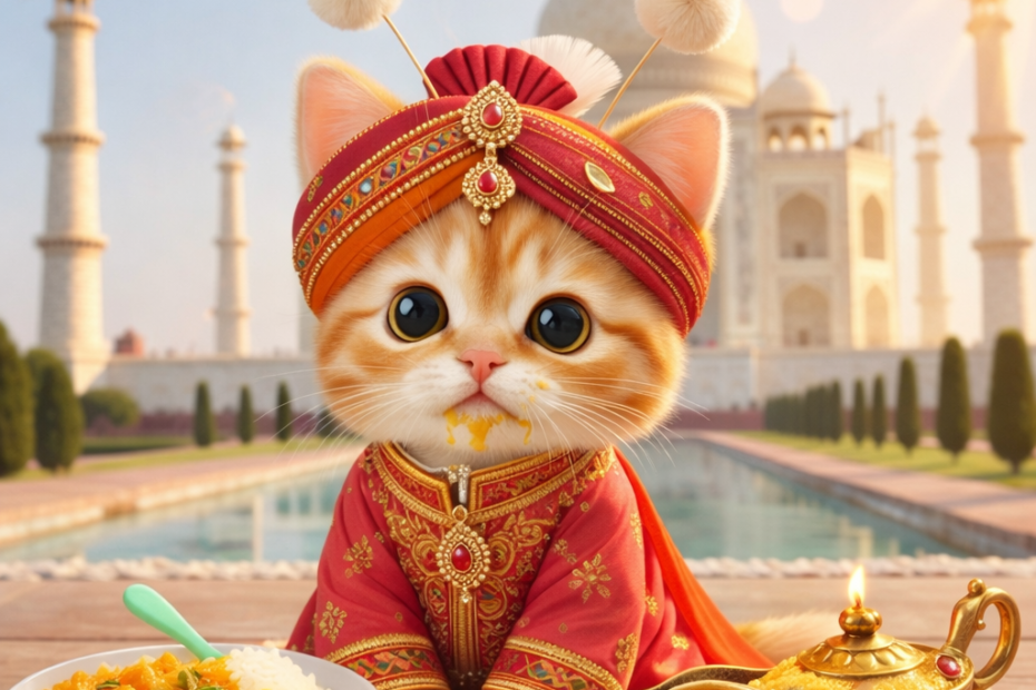 타지마할 배경에서 인도 전통 의상을 입은 귀여운 고양이와 흰 접시에 담긴 카레와 민트색 실리콘 수저