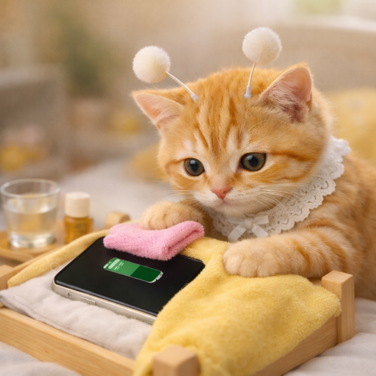 침대에 누운 아이폰을 스텔라 고양이가 수건과 이불로 보살피는 썸네일 이미지