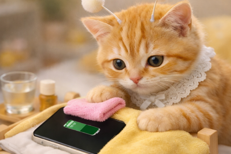 침대에 누운 아이폰을 스텔라 고양이가 수건과 이불로 보살피는 썸네일 이미지