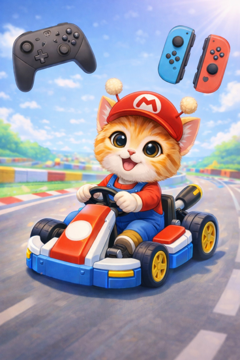 빨간 모자와 멜빵바지를 입은 고양이 스텔라가 미니카를 타고 있고 위에는 게임 컨트롤러가 떠 있는 모습
