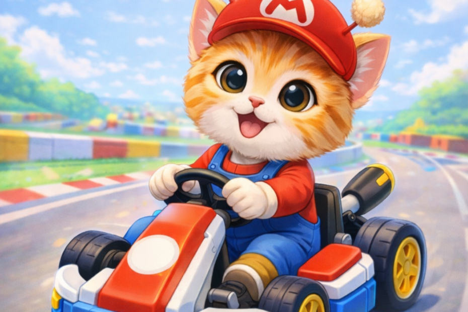 빨간 모자와 멜빵바지를 입은 고양이 스텔라가 미니카를 타고 있고 위에는 게임 컨트롤러가 떠 있는 모습