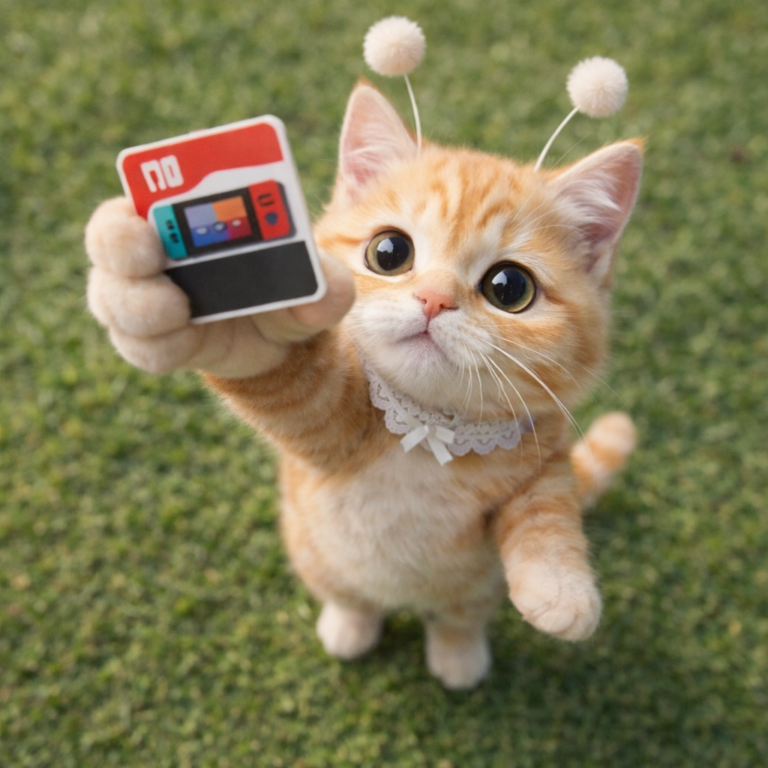 닌텐도 스위치2 키카드를 들고 있는 스텔라 아기 고양이