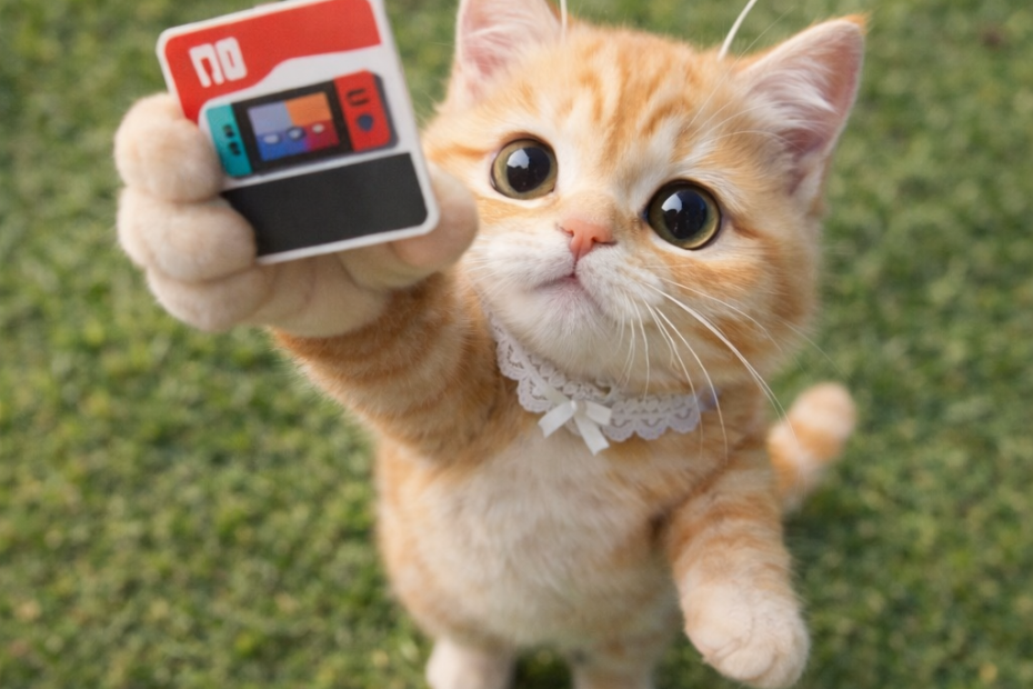 닌텐도 스위치2 키카드를 들고 있는 스텔라 아기 고양이