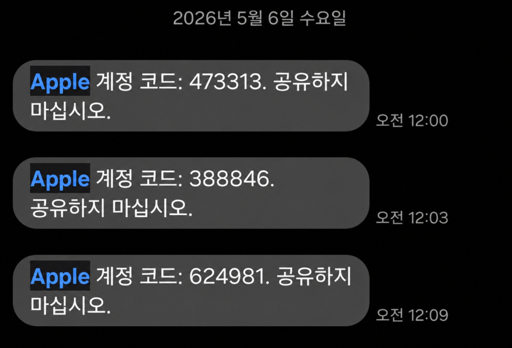 국제발신 Apple 계정 코드가 계속 오는 상황을 보여주는 문자 메시지 화면