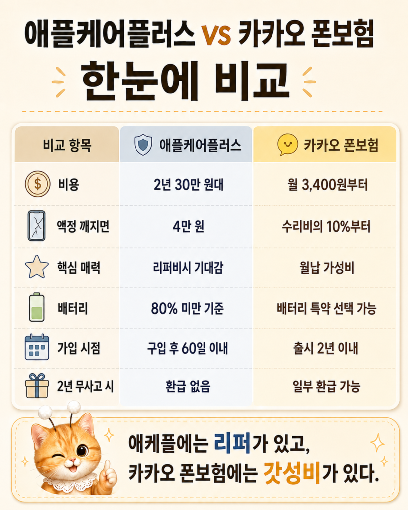 애플케어플러스와 카카오 폰보험 비교 표. 애플케어플러스는 2년 30만 원대, 액정 4만 원 부담, 리퍼비시 기대감, 80% 미만 배터리 기준, 구입 후 60일 이내 가입. 카카오 폰보험은 월 3,400원부터, 수리비의 10%부터 부담, 월납 가성비, 배터리 특약 선택 가능, 출시 2년 이내 가입, 무사고 시 일부 환급