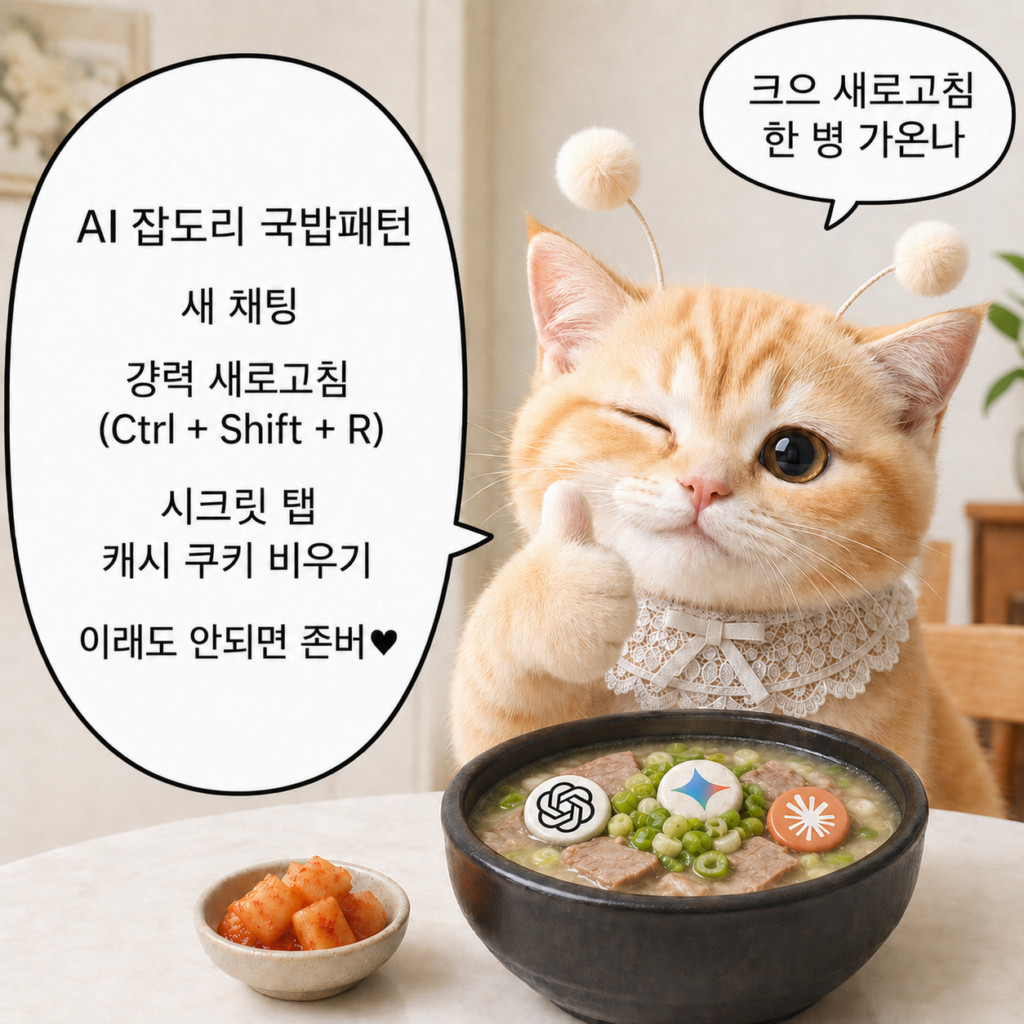 국밥과 깍두기 앞에서 윙크하며 따봉하는 외계고양이 스텔라와 AI 잡도리 국밥패턴 말풍선이 들어간 밈 이미지