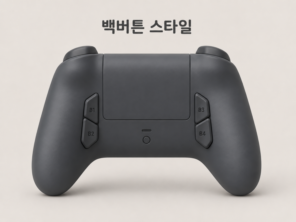 게임패드 뒷면에 있는 백버튼 위치와 형태를 보여주는 이미지, 추가 조작 버튼이 손잡이 뒤쪽에 배치된 스타일을 설명함