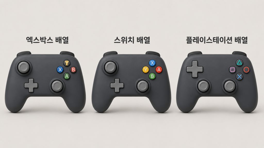 게임패드 용어정리 : 엑스박스 배열, 닌텐도 배열, 플레이스테이션 배열 게임패드 버튼 차이를 비교한 이미지, A B X Y 버튼 위치와 플레이스테이션 기호 버튼 배열을 함께 보여줌