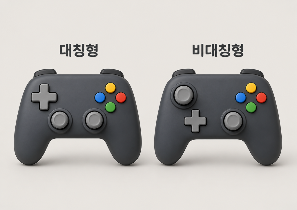 대칭형과 비대칭형 게임패드 스틱 배열을 비교한 이미지, 대칭형은 양쪽 아날로그 스틱이 비슷한 높이에 있고 비대칭형은 왼쪽 스틱이 위쪽에 배치된 구조를 보여줌