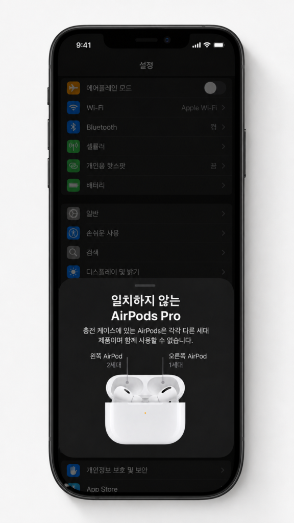 에어팟 한쪽 연결 안됨 - 일치하지 않는 에어팟 프로 팝업